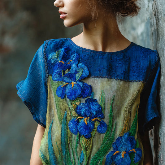 Oil Painting Irises Embroidered Contrast Patchwork Linen Tunic