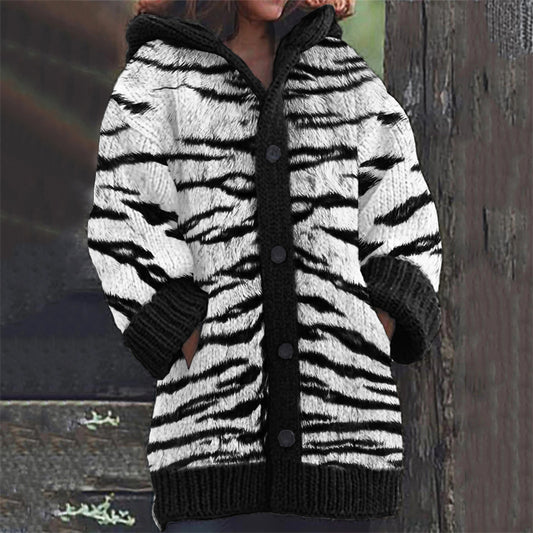 Comstylish Vintage Tiger Stripes Pattern Cozy Hooded Cardigan