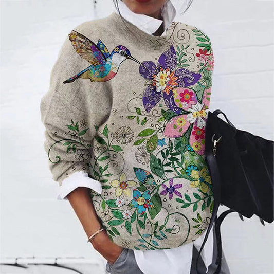 Stylish Flower Bird Contrast Print Loose Top elevenforest