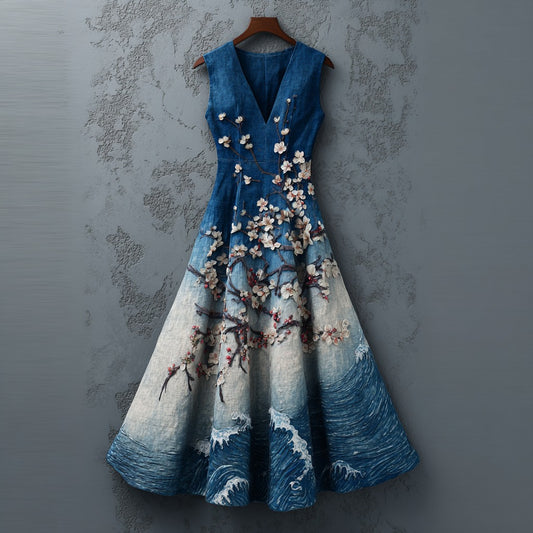 Women's Cherry Blossoms Embroidery And  Waves Gradient Art Linen Maxi Dress