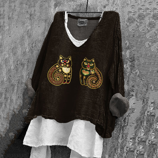 Comstylish Women's Vintage Cute Cat Embroidery Pattern Casual Shirt