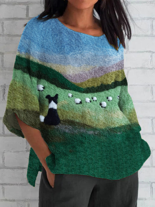 Comstylish Border Collie & Sheep Landscape Felt Art Linen Blend Tunic