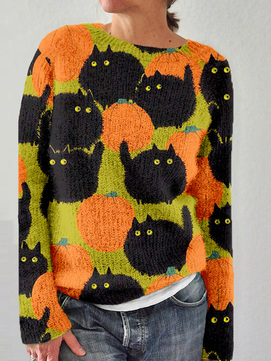 Black Cats & Pumpkins Graphic Vintage Cozy Sweater artswardrobe