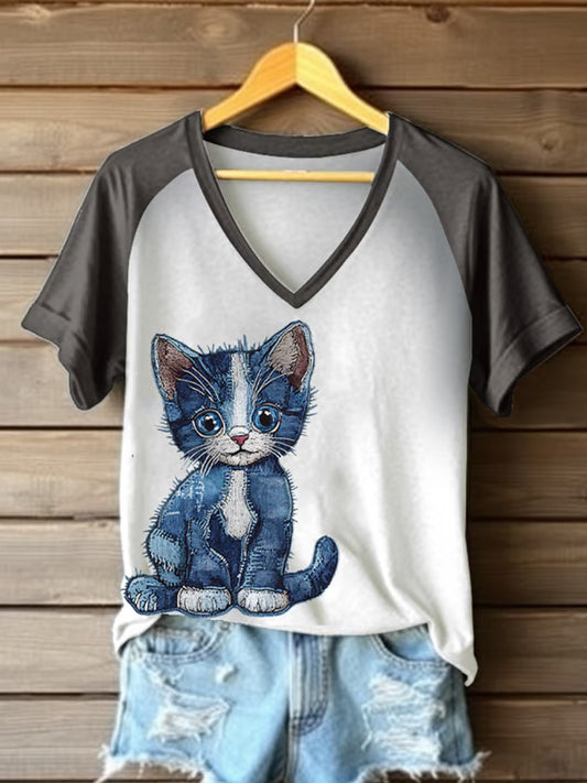 Women's Retro Funny Denim Patch Animal Cat Print Raglan Short Sleeve T-shirt artswardrobe