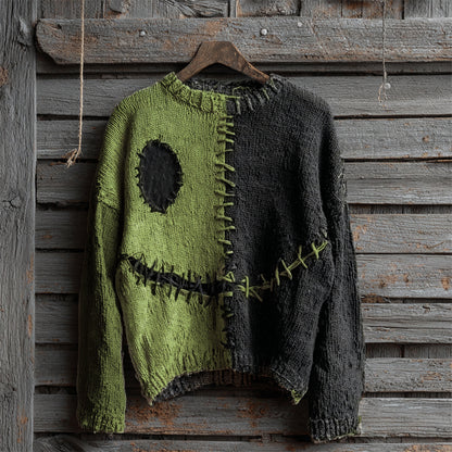 Halloween Spooky Face Contrast Stitched Cozy Knit Sweater elevenforest