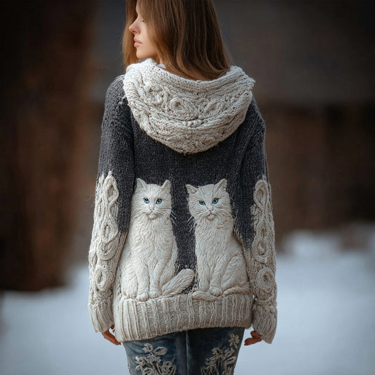 Comstylish Vintage Cute Cats Embroidered Cozy Hooded Cardigan