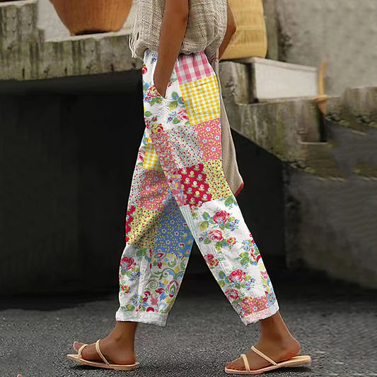 Comstylish Vintage Color Block Floral Art Cotton Linen Pants