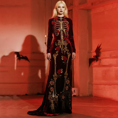 Comstylish Women's Halloween Castle Rose Skeleton Velvet Round Neck Maxi Dress