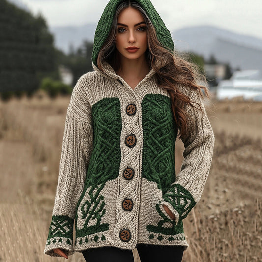 Women's Irish Celtic Jacquard Hooded Button Up Cardigan Sweater artswardrobe