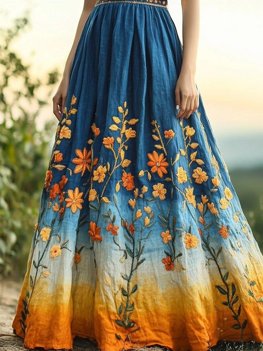 Boho Floral Embroidered Gradient Linen Maxi Dress artswardrobe