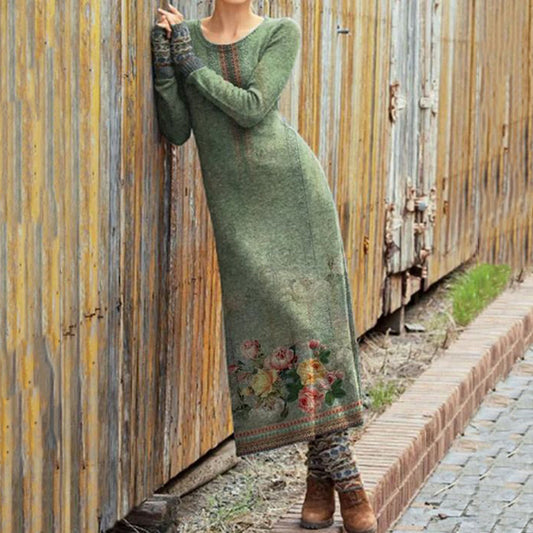 Vintage Botanical Floral Print Wool Midi Dress elevenforest