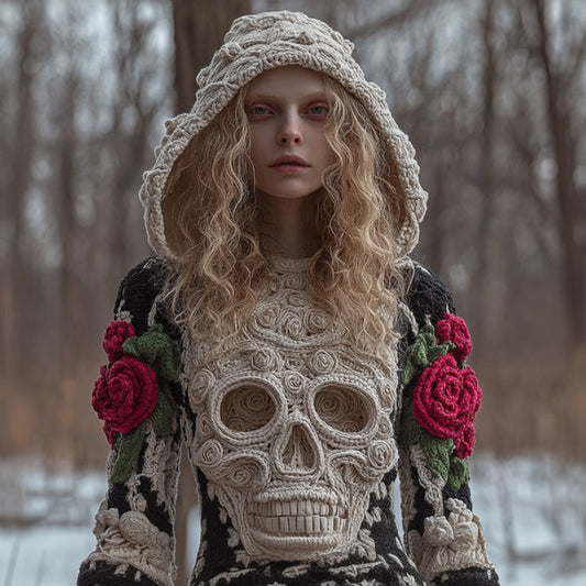 Comstylish Women Halloween Vintage Scarlet Rose White Skull Crochet Hooded Sweater