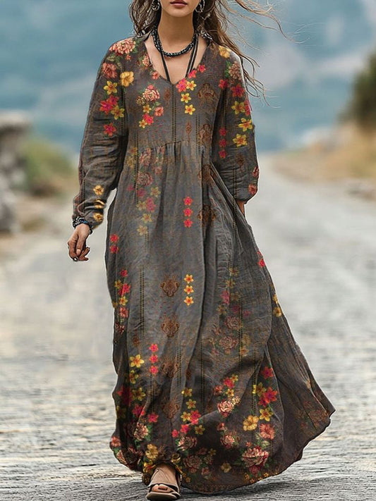 Vintage Floral Pattern Women's Flowy Maxi Dress artswardrobe