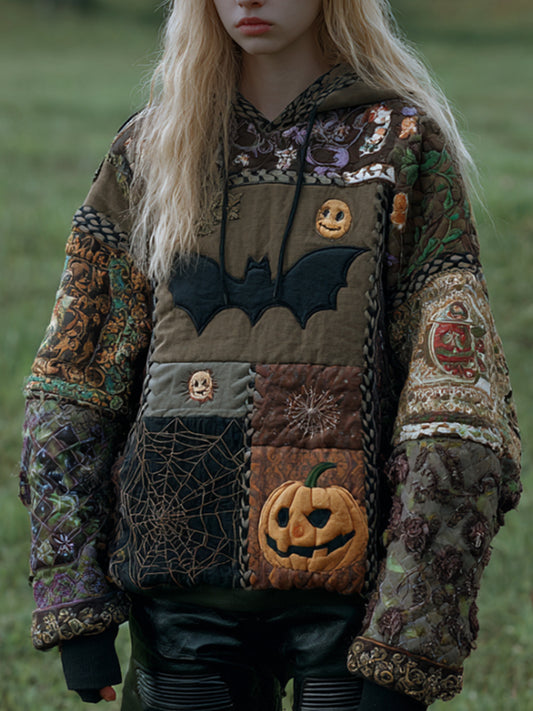 Women's Vintage Patchwork Halloween Pattern Hoodie artswardrobe