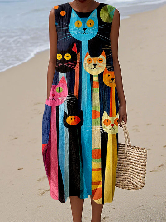 Funny Colorful Cats Pattern Linen Tank Dress artswardrobe