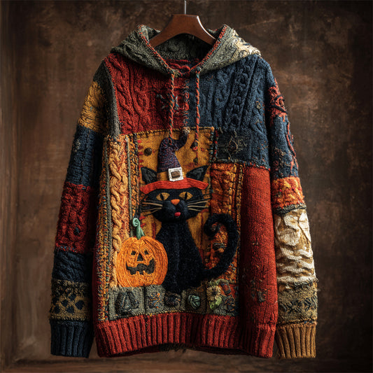 Comstylish Halloween Black Cat With Hat & Pumpkin Patchwork Art Women's Knit Hooded Sweater