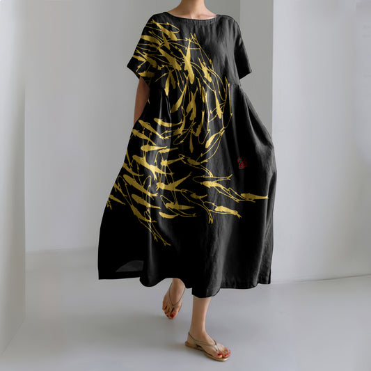 Comstylish Japanese Art Vintage Flock Of Fish Print Casual Art Linen Blend Maxi Dress