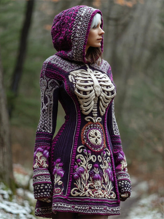 Comstylish Halloween Skeleton & Thistle Art Women's Knit Hooded Mini Dress