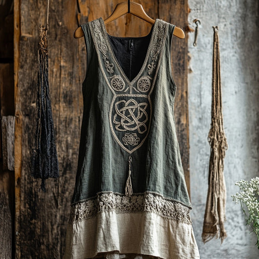 Tribal Celtic Embroidery Patchwork Tassel Art Linen Tank Dress artswardrobe