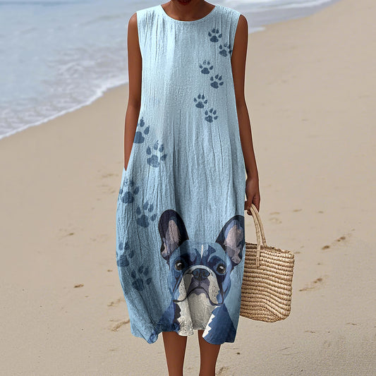 Comstylish Women's Summer French Bulldog Puppy Footprints Art Linen Tank Midi Dress