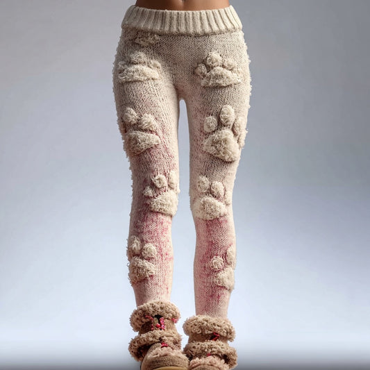 Comstylish Fuzzy Dog Paws Embroidered Cozy Knit Leggings