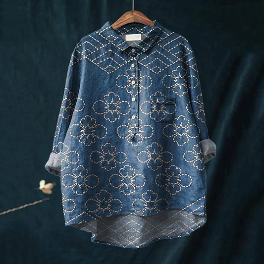 Comstylish Vintage Ethnic Floral Art Print Casual V-Neck Shirt