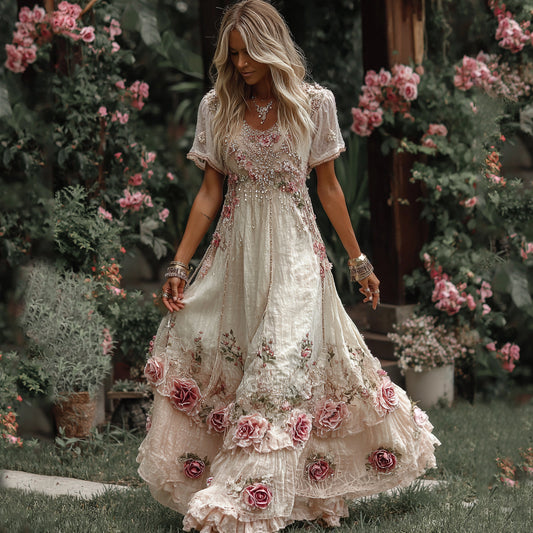 Women's Vintage Rose Embroidery Art Round Neck Short Sleeve Maxi Dress