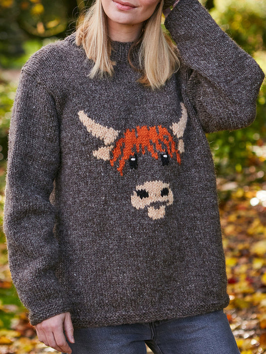 Highland Cow Pattern Cozy Knit Sweater artswardrobe