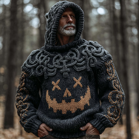 Men's Halloween Pumpkin Smiley Face Vintage Embroidery Hooded Sweater artswardrobe
