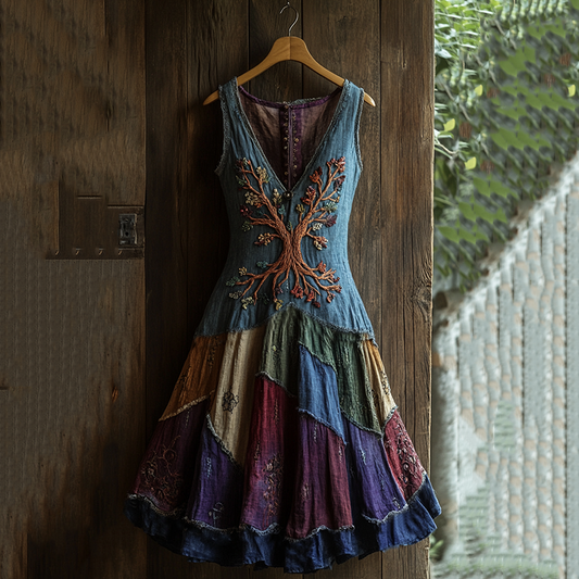 Women's Vintage Viking Celtic Knot Art Tree Of Life Linen Midi Dress artswardrobe