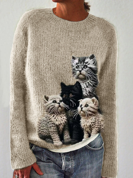 Comstylish Fuzzy Cats Crochet Art Cozy Knit Sweater