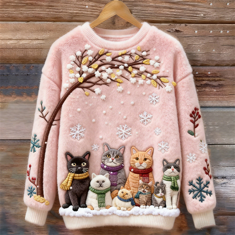 Cotton Sweater with Cats Under Snowy Tree with Scarves