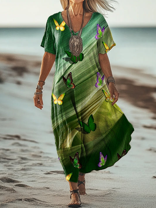 Women's Vintage Butterfly Art Print Pocket Cotton Dress