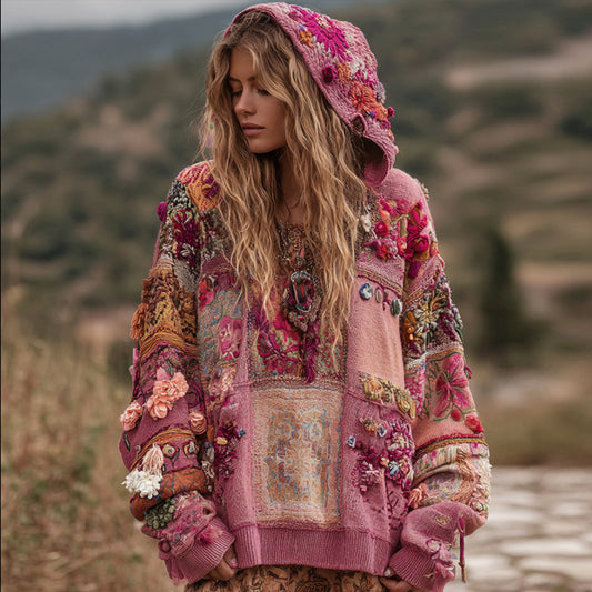 Comstylish Bohemian Style Three-dimensional Flower Embroidery Pink Patchwork Hooded Long-sleeved Sweater