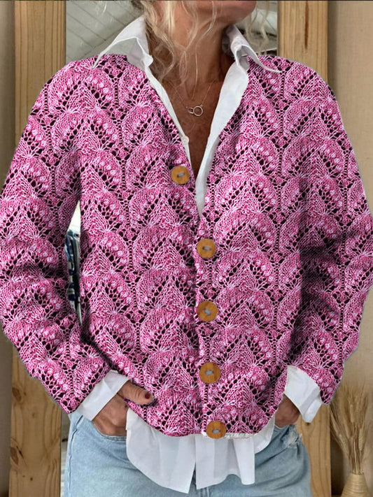 Pink Hollow Out Floral Women's Knitted Sweater Cardigan artswardrobe