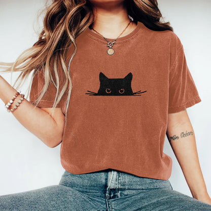 Abstract Creative Embroidered Black Cat Art Print  T-shirt elevenforest