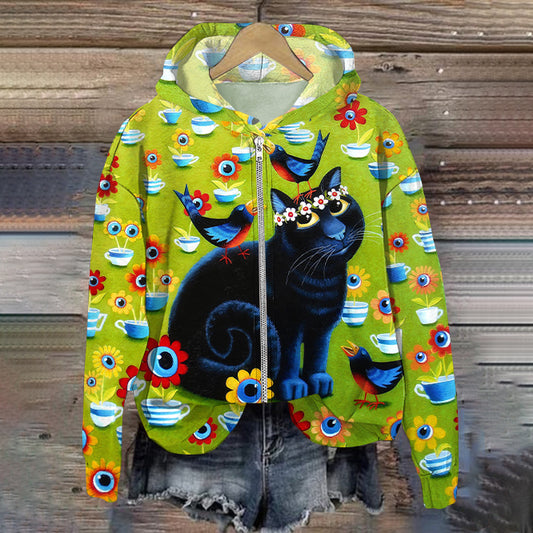 Women's Vintage Cat And Bird Print Zipper Sweatshirt elevenforest
