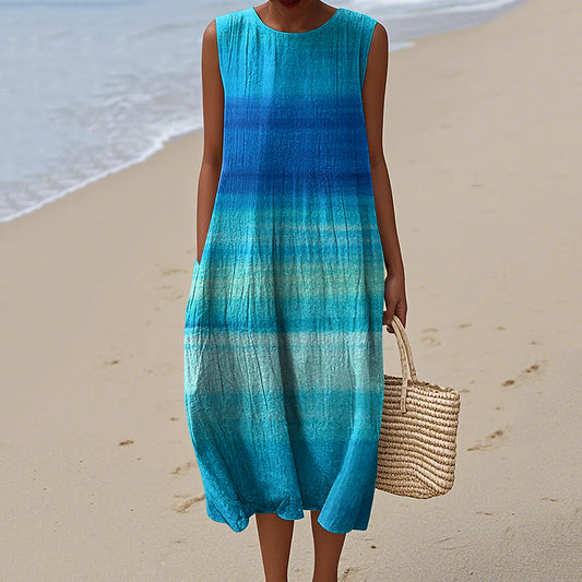 Women's Vintage Blue Gradient Art Print Casual Crew Neck Dress artswardrobe