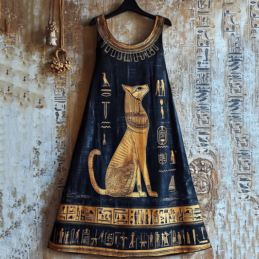 Comstylish Vintage Ancient Egyptian Black Cat Graphics Linen Sleeveless Maxi Dress