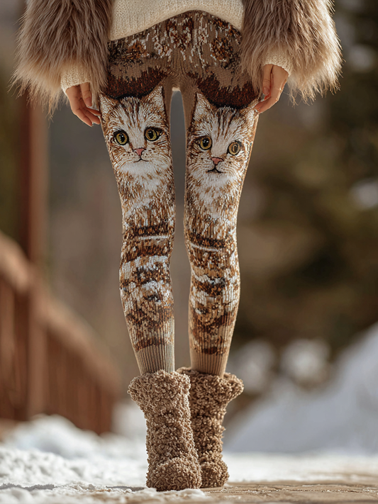 Comstylish Women's Cute Cat Knitted Tight-fitting Leggings