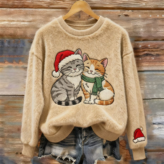 Women's Christmas Cat Embroidered Art Cozy Plush Sweater