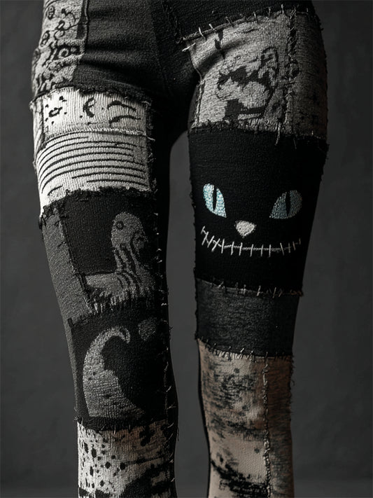 Comstylish Halloween Spooky Cat Face Patchwork Cozy Knit Leggings