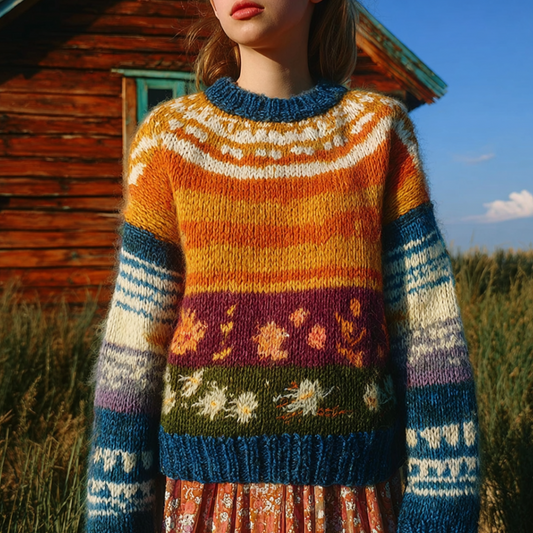 Comstylish Retro Country Style Design Women's Round Neck Knit Sweater