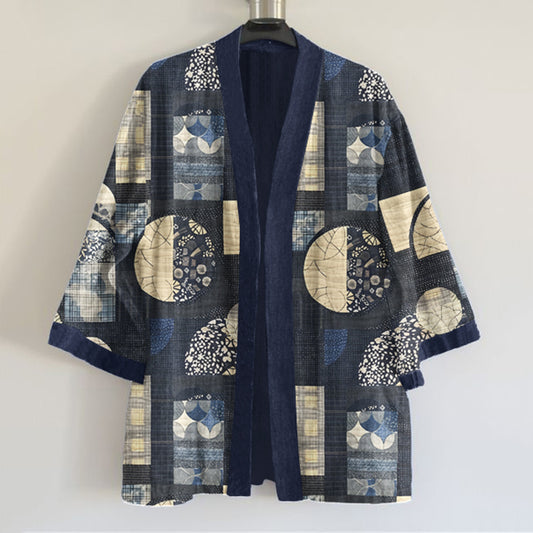 Comstylish Japanese Traditional Sashiko Art Pattern Art Print Linen Blend Kimono Cardigan