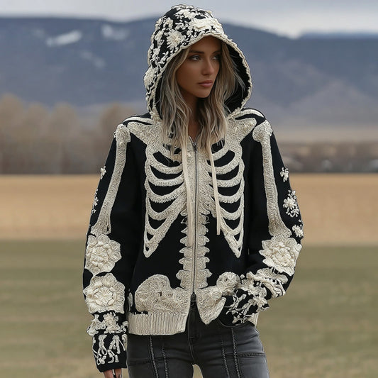 Comstylish Women's Vintage Skeleton Embroidery Art Zipper Knit Hooded Sweater