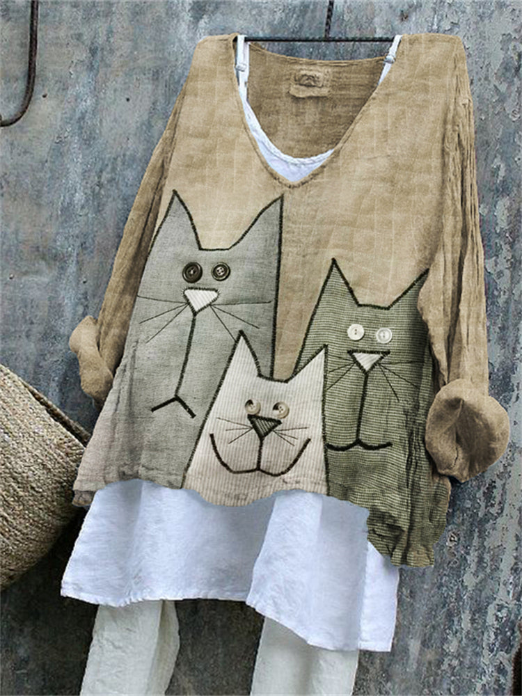 Lovely Cats Patchwork Fiber Art Linen Blend Tunic elevenforest