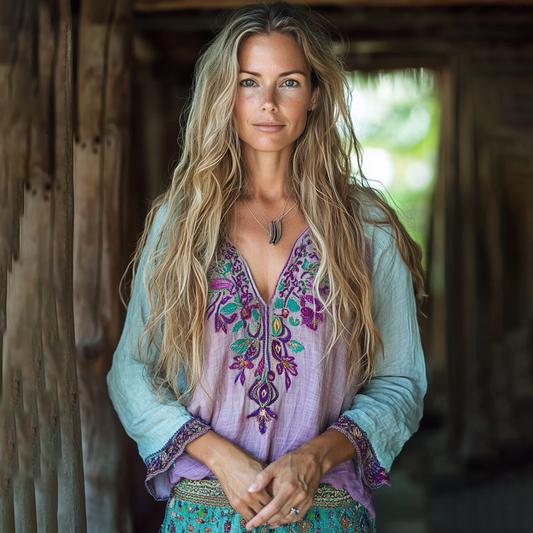 Boho Floral Tribal Embroidery Print Cotton And Linen Blend Loose Blouse artswardrobe