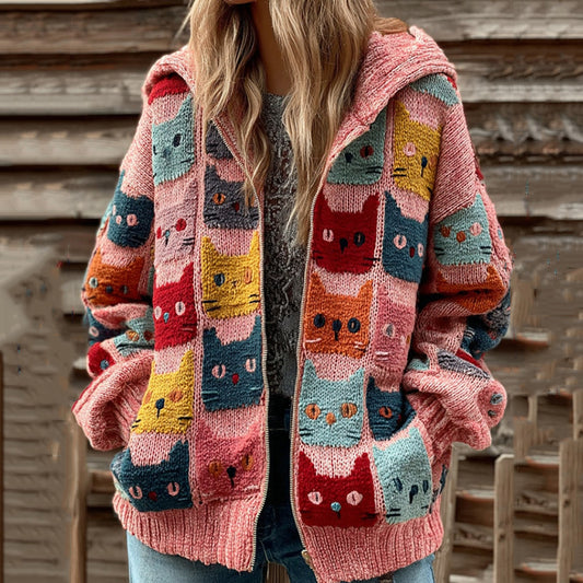 Comstylish Women's Colorful Cats Art Knit Zipper Cardigan Sweater