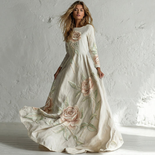Women's Vintage Rose Art Flowy Maxi Dress