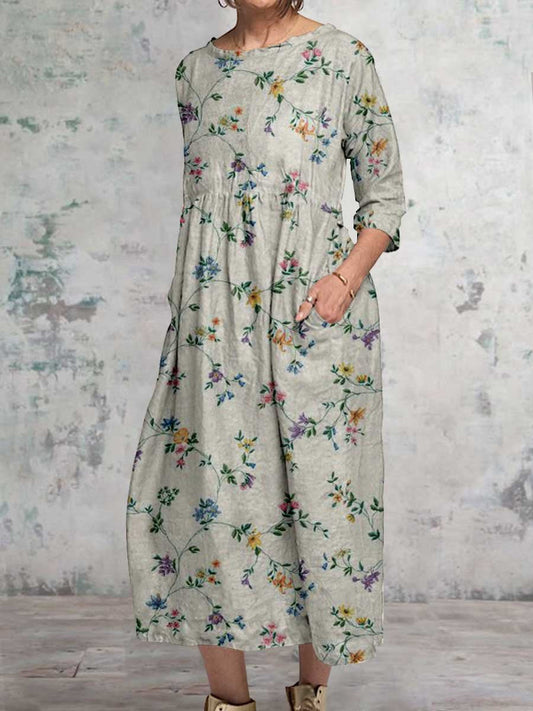 Women's Elegant Floral Classic Round Neck Cotton and Linen Dress